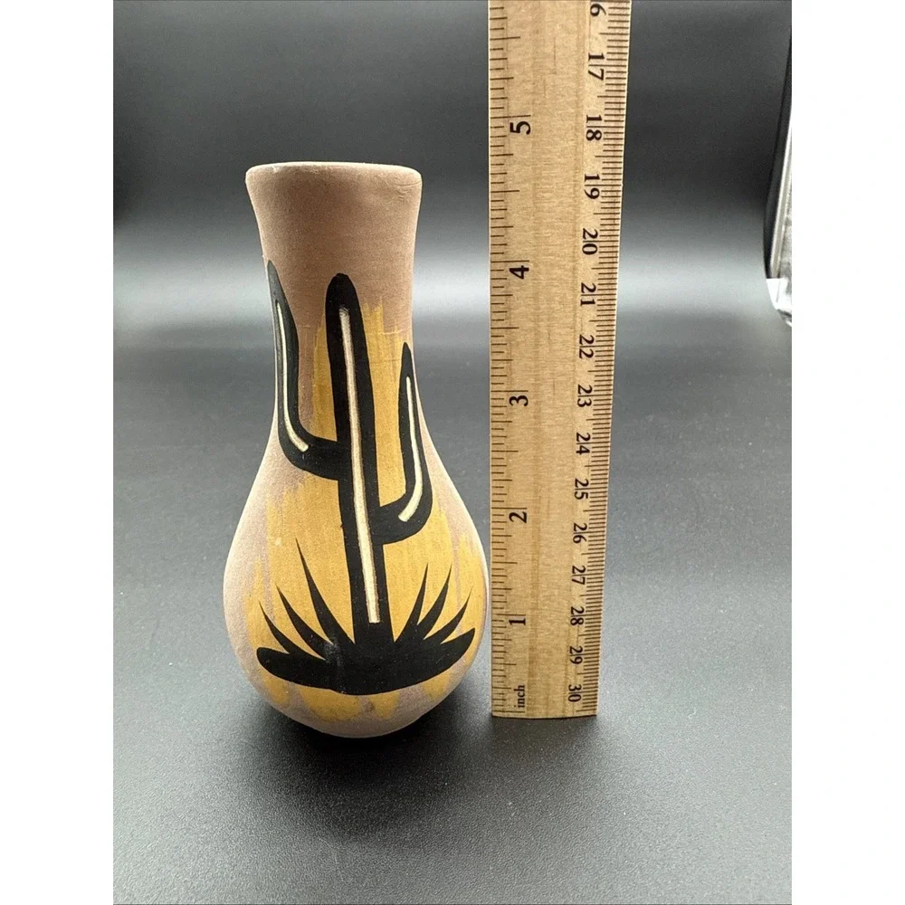 Mini Mexican‎ Style Cactus Carved Pottery Vase Hand Painted 4.5 In Signed AZ.